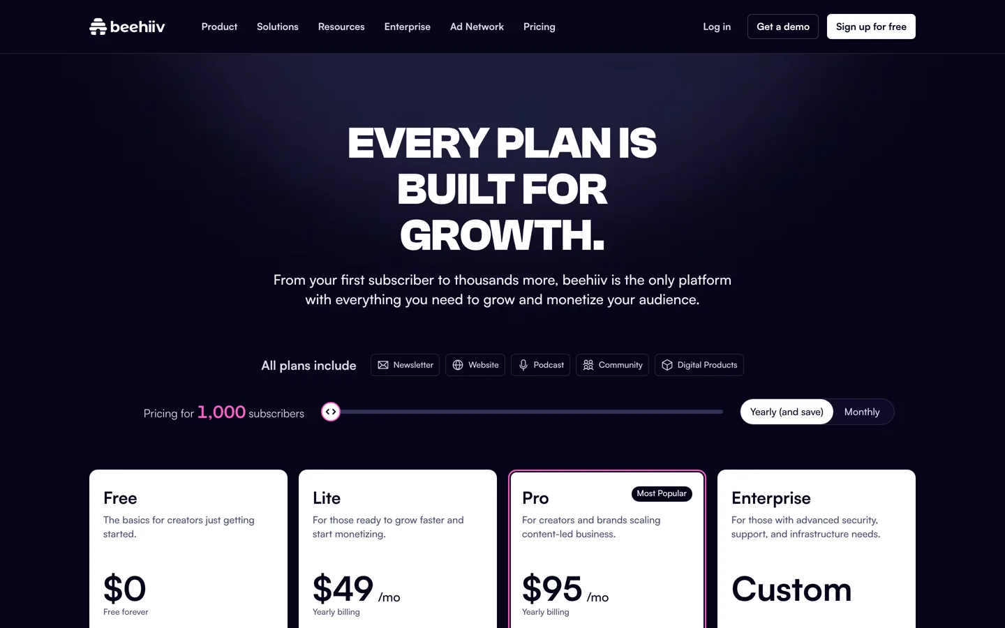 Screenshot of beehiiv's pricing page showing the Free plan.