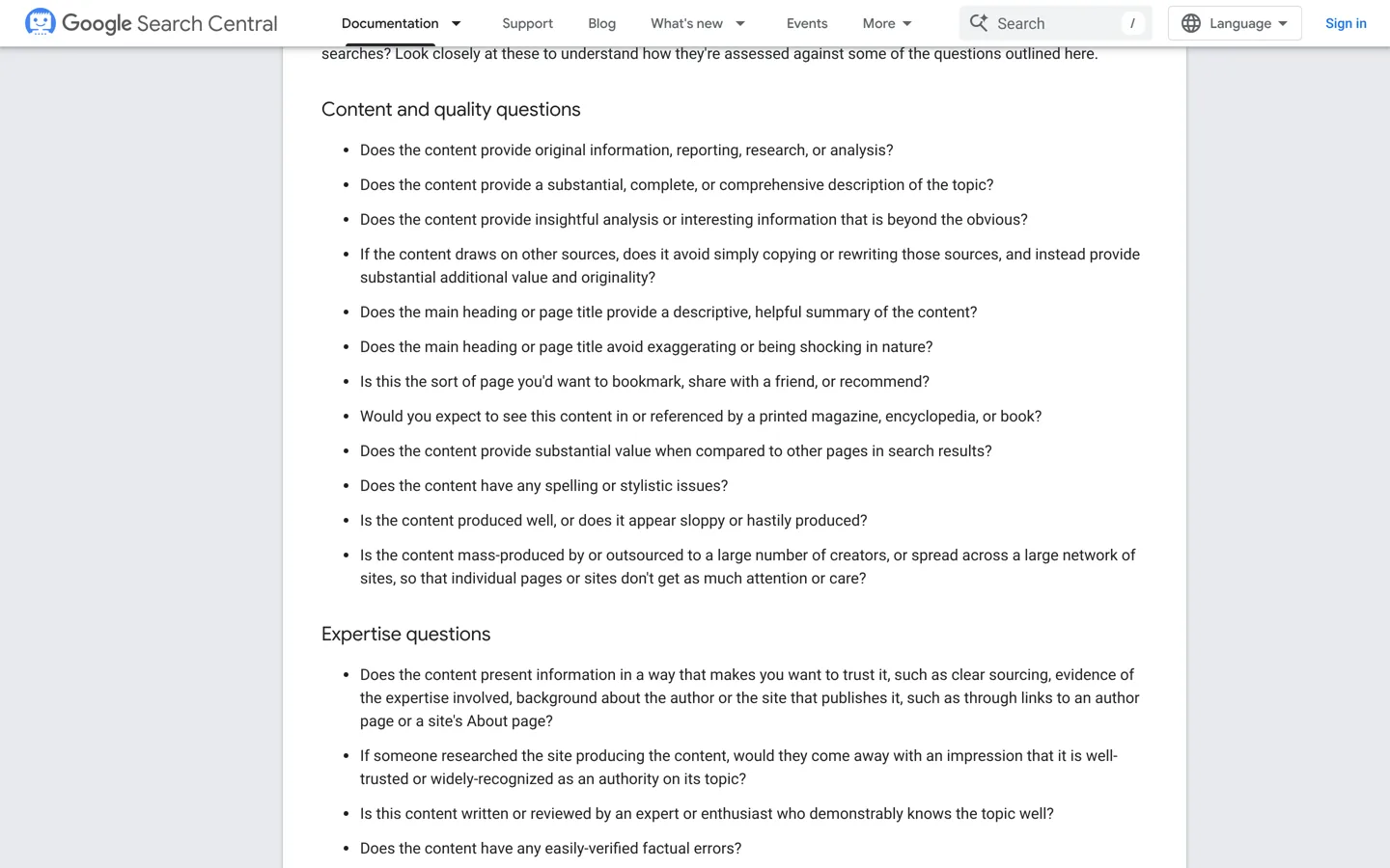 Screenshot of Google's guide to creating helpful, reliable, people-first content.