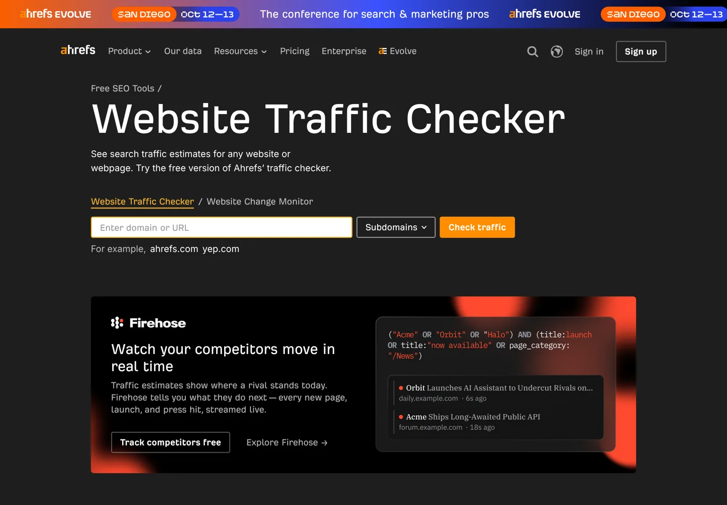 Screenshot of Ahrefs' free Website Traffic Checker.