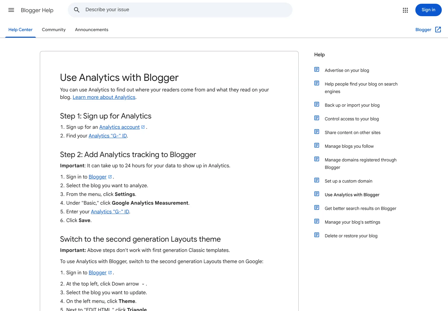 Screenshot of Blogger Help: Use Analytics with Blogger.