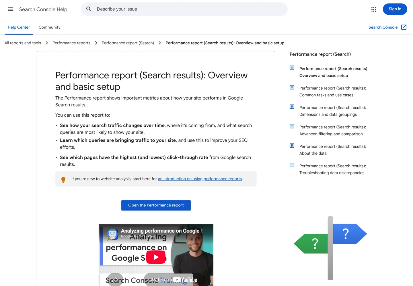 Screenshot of Google's Search Console Help page about the Performance report.