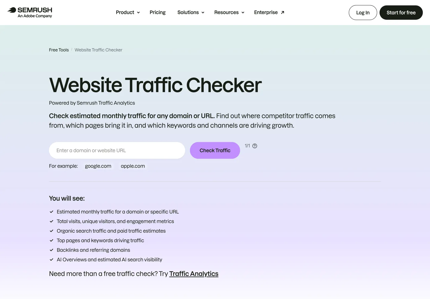Screenshot of Semrush's free website traffic checker.