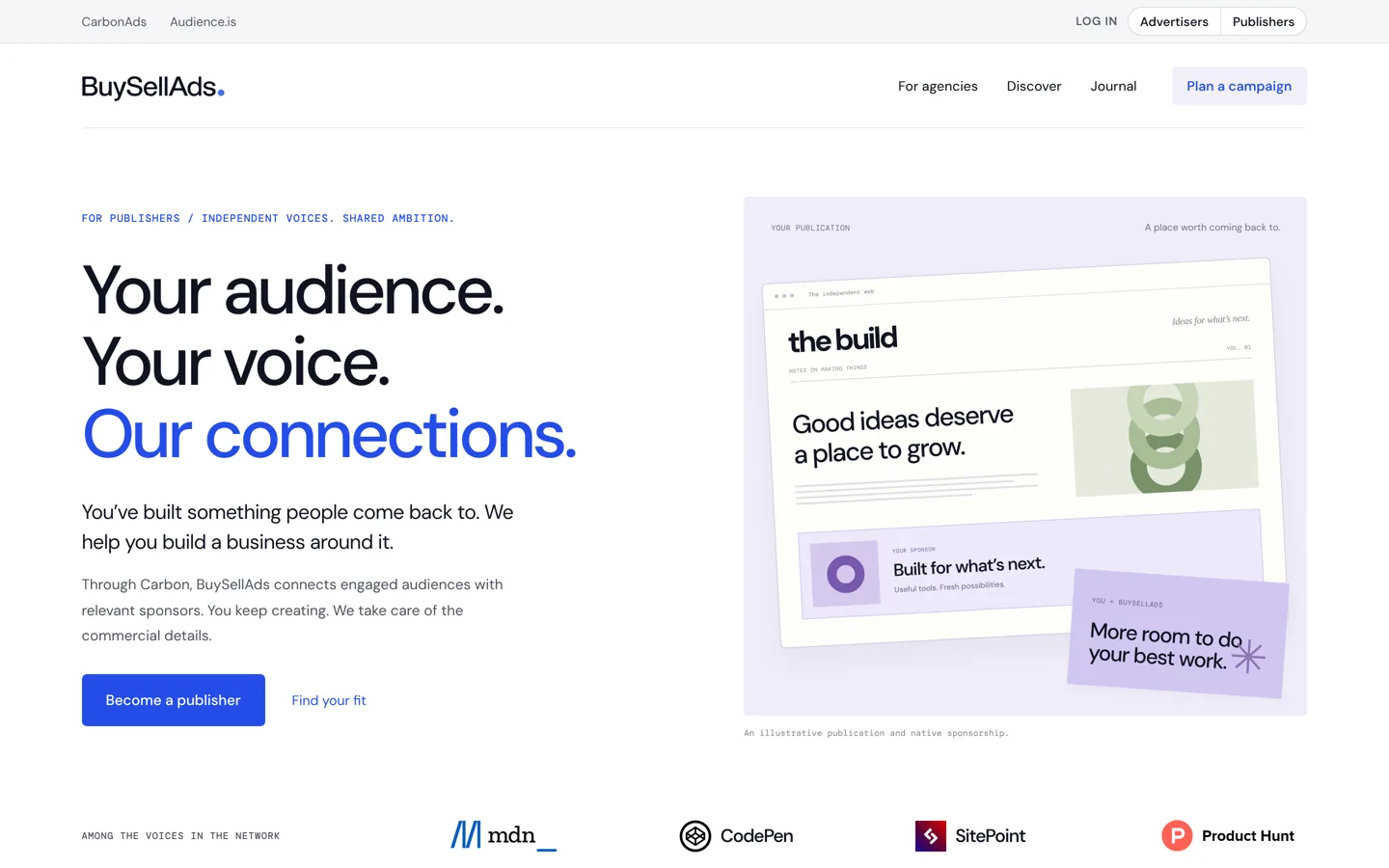 Screenshot of BuySellAds' page for publishers.