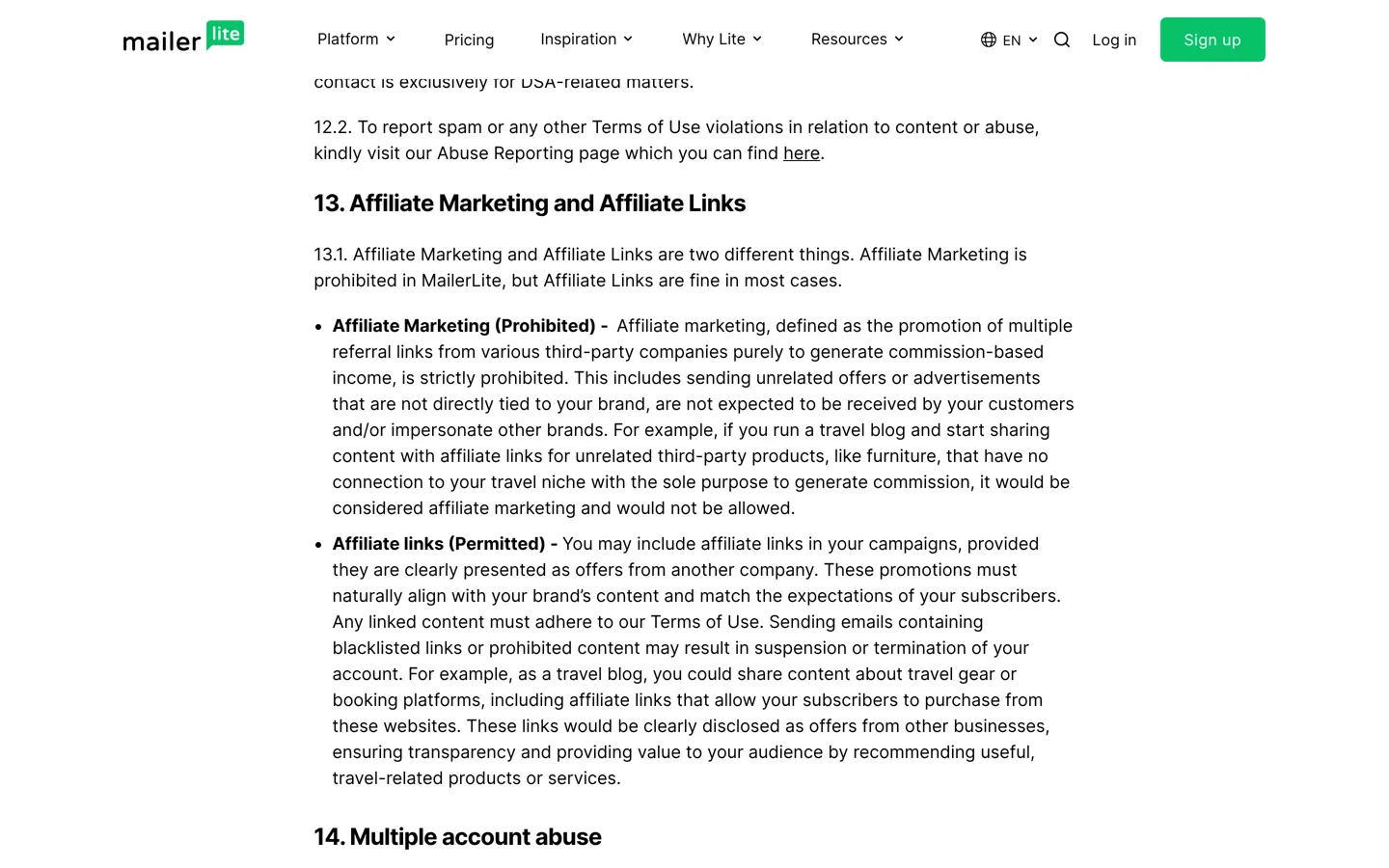 Screenshot of MailerLite's terms of use section on affiliate marketing and affiliate links.