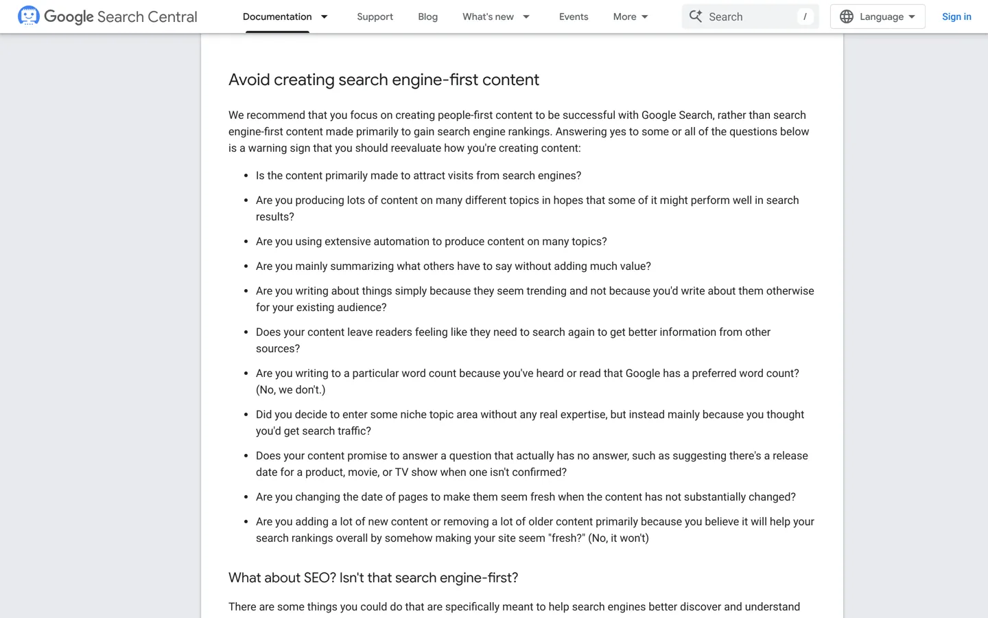 Screenshot of Google's guide to creating helpful, reliable, people-first content.