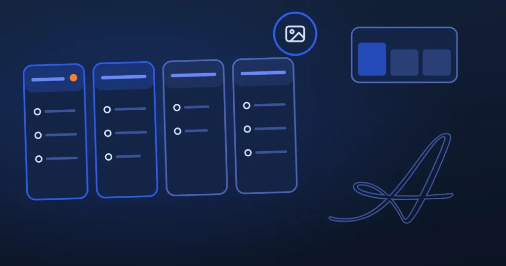 Line drawing of linked nodes beside the site's A, in midnight and blue