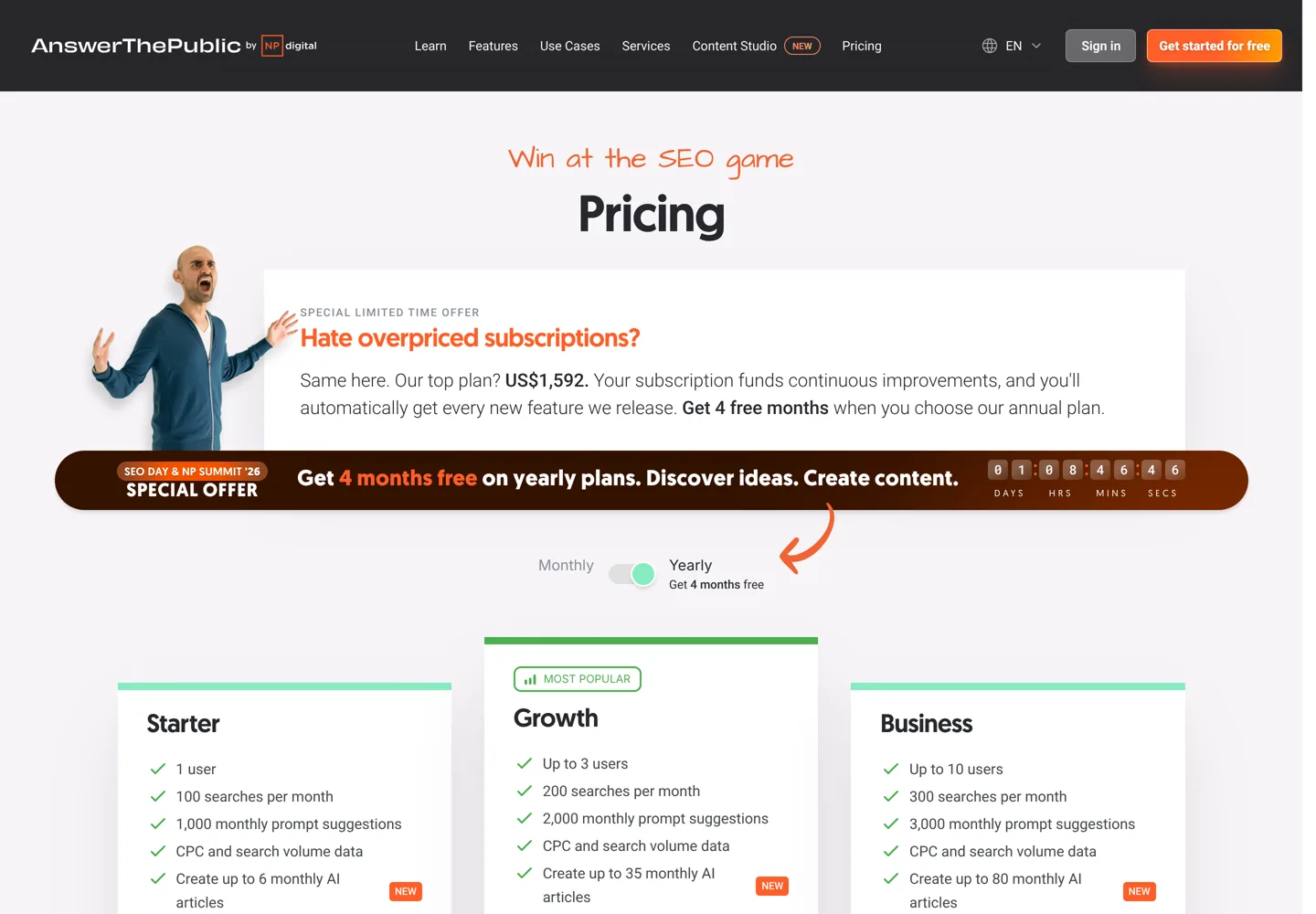Screenshot of AnswerThePublic's pricing page.