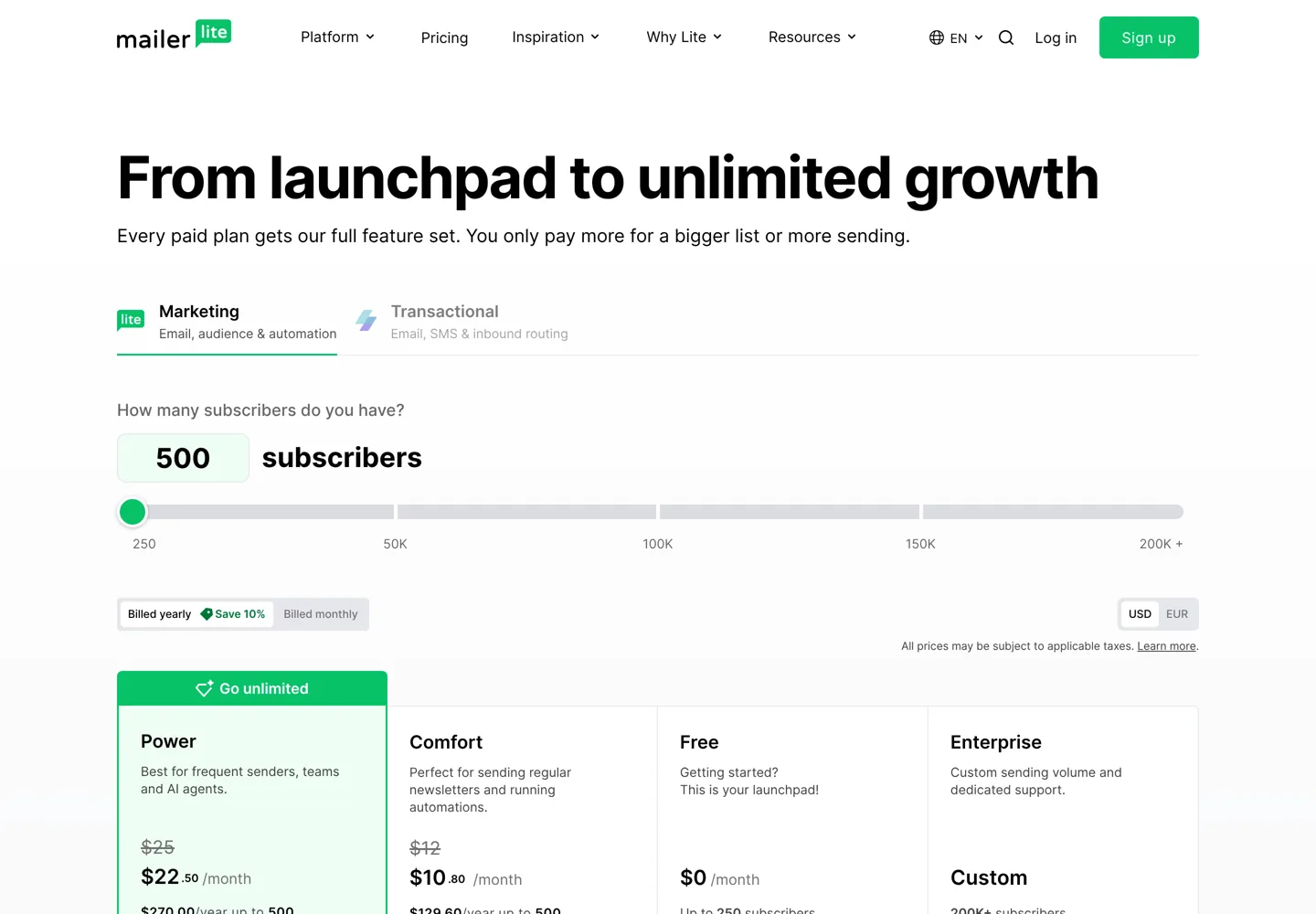 Screenshot of MailerLite's pricing page.