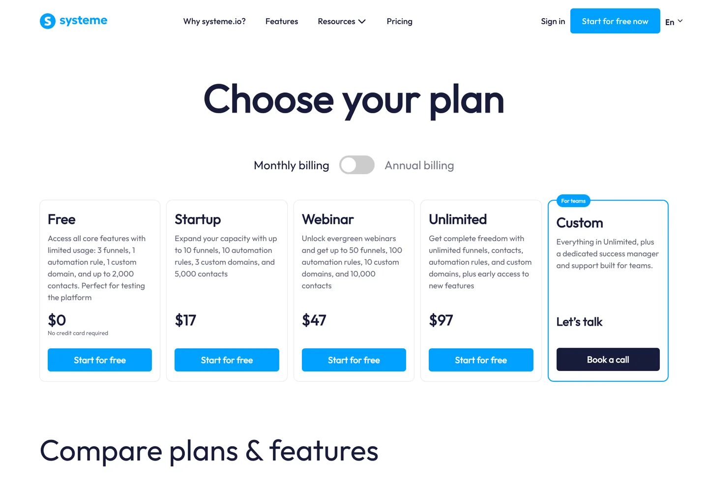 Screenshot of Systeme.io's pricing page.
