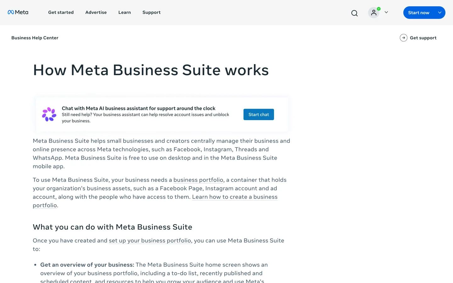 Screenshot of Meta Business Help page about Meta Business Suite.