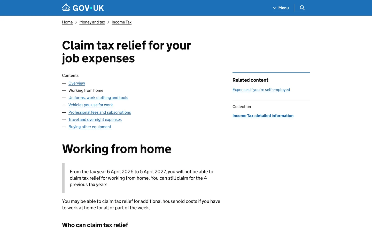 Screenshot of GOV.UK's page on claiming tax relief for working from home.