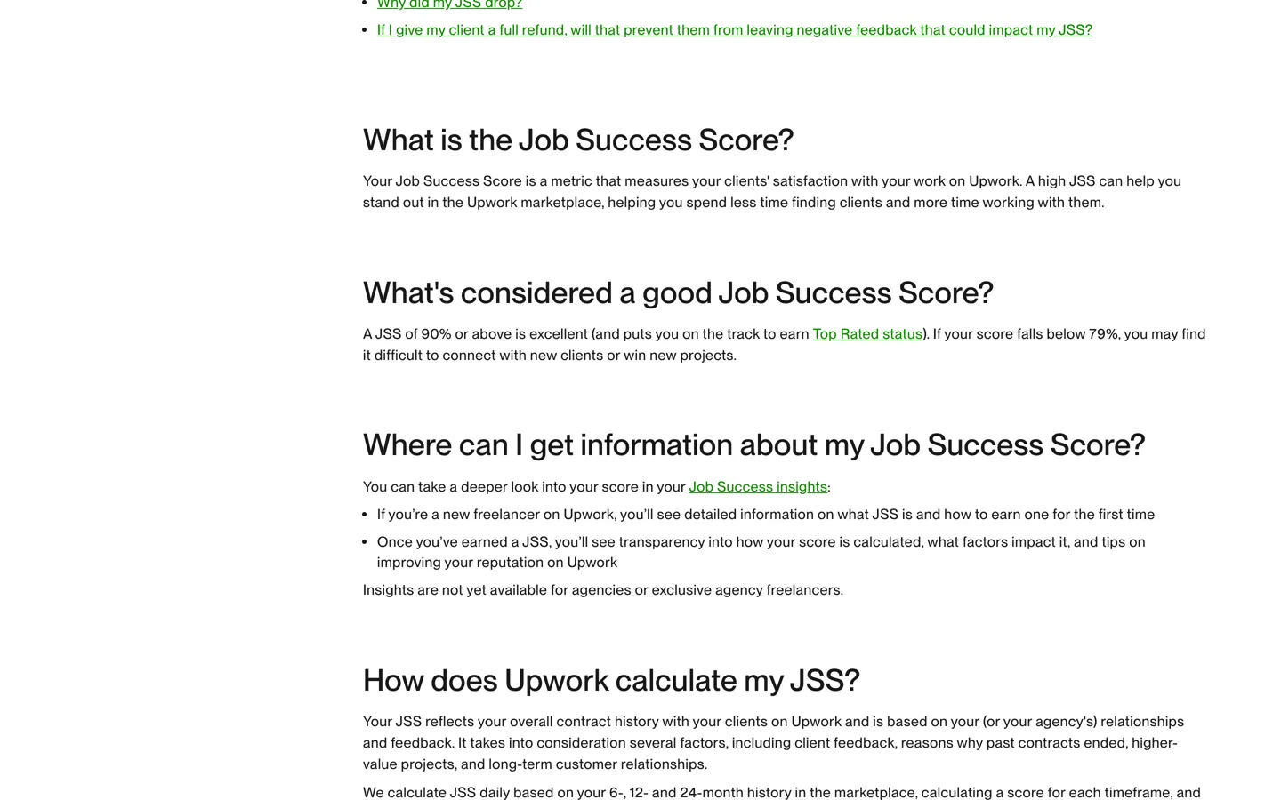 Screenshot of Upwork's help article about the Job Success Score.