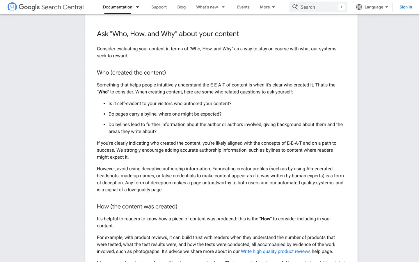 Screenshot of Google's guidance on the Who, How and Why of content.