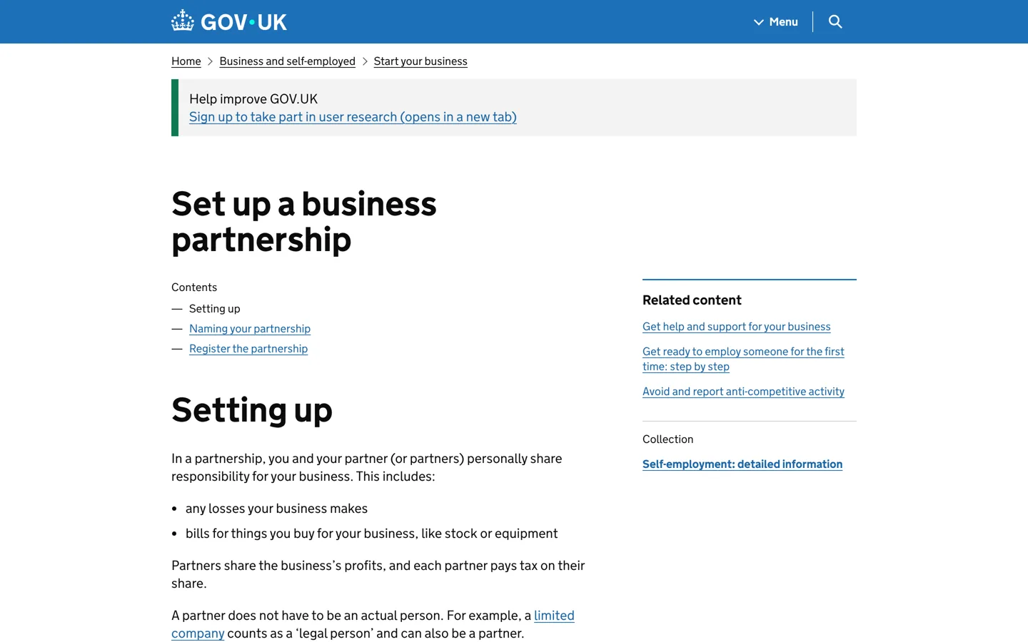 Screenshot of GOV.UK's guide to setting up a business partnership.
