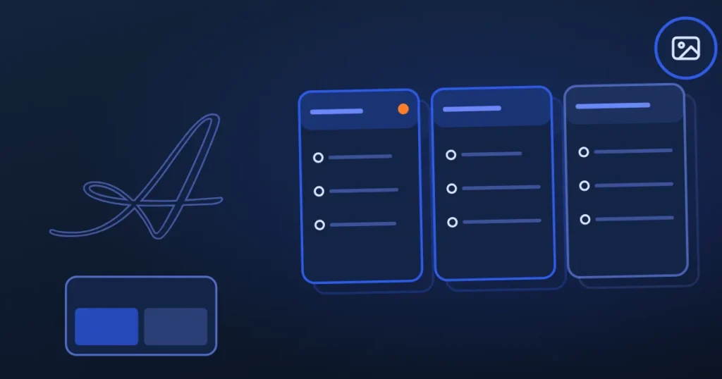 Line drawing of a media player beside the site's A, in midnight and blue