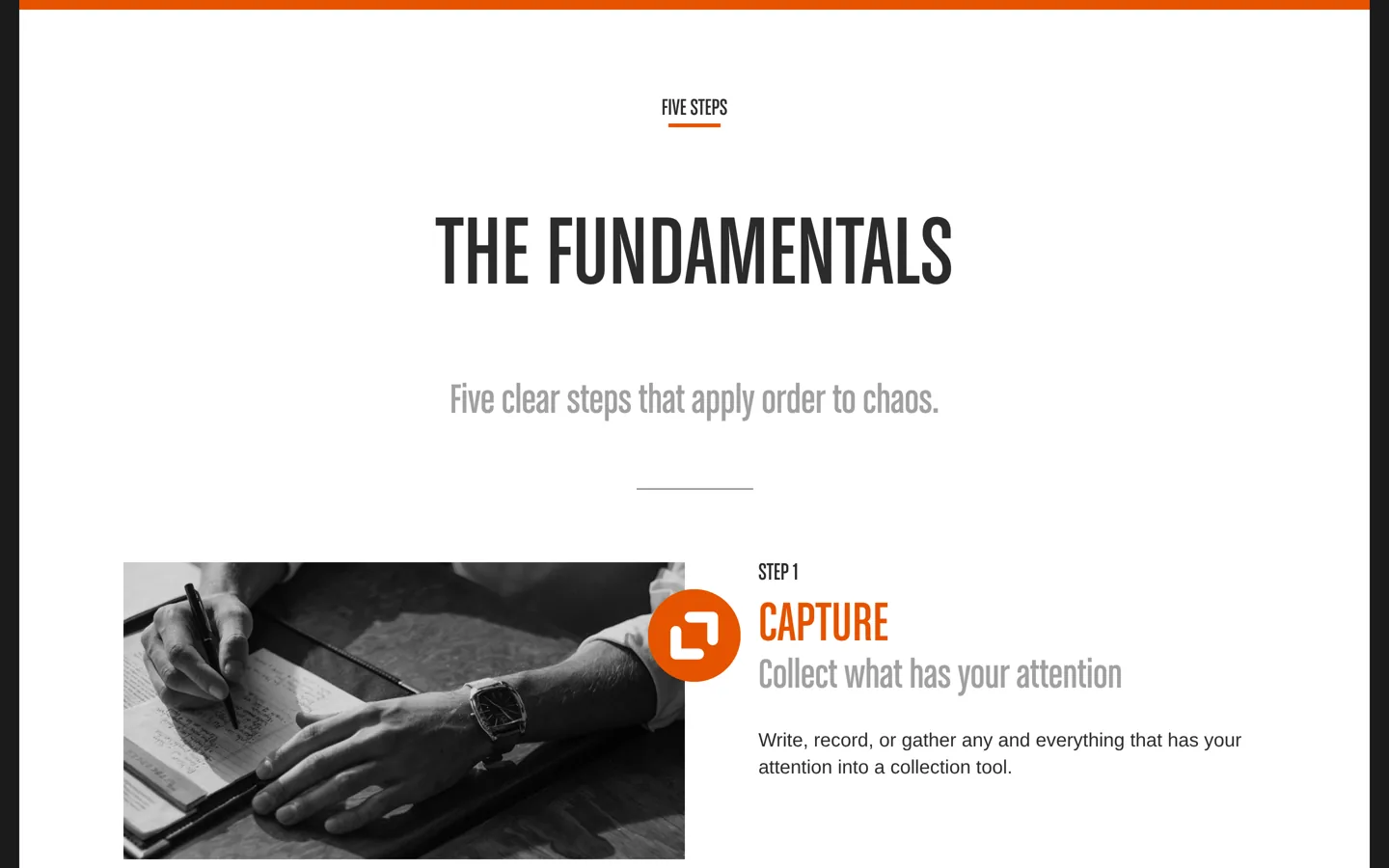 Screenshot of the Getting Things Done website's What is GTD page.