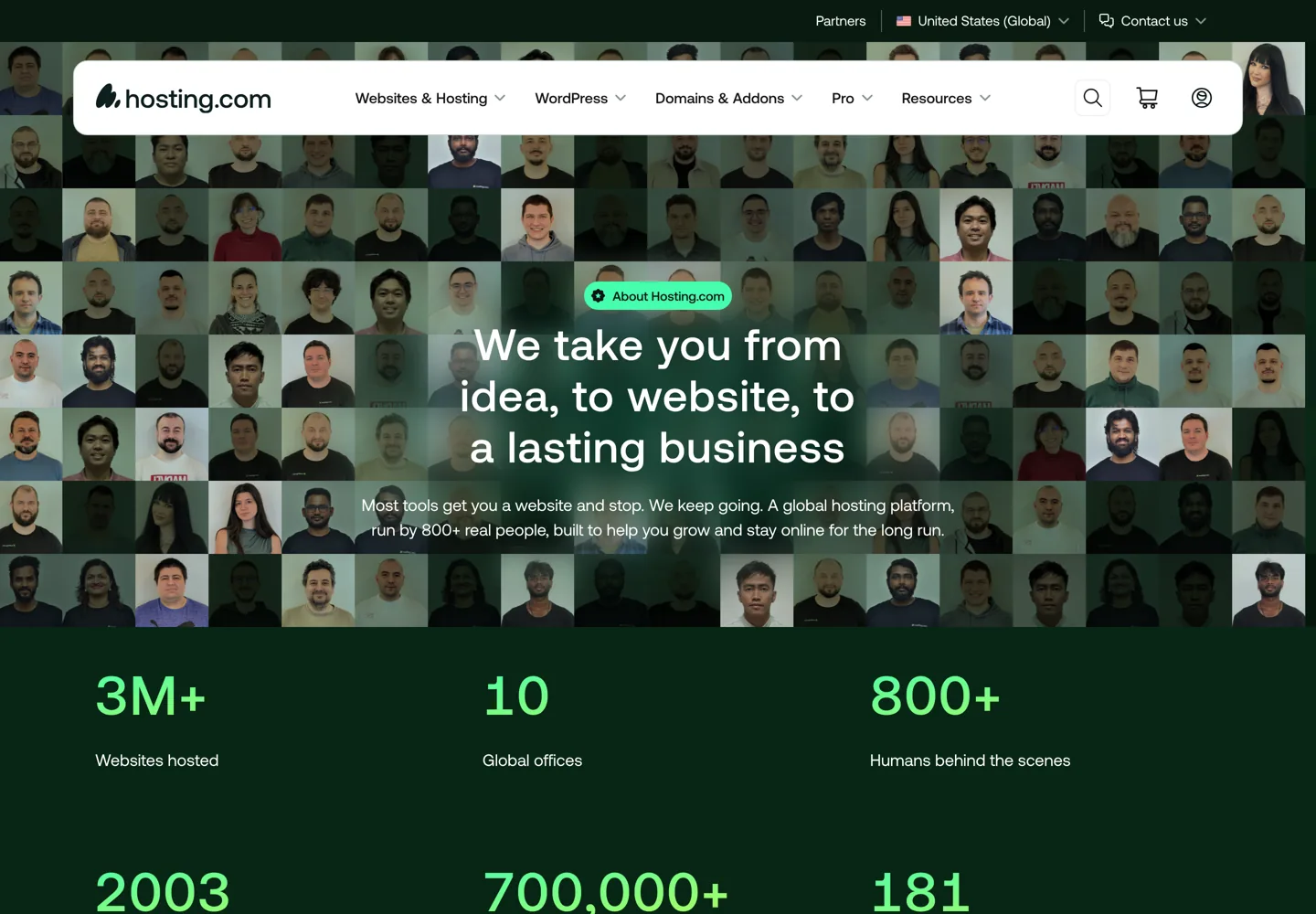Screenshot of Hosting.com's About page.