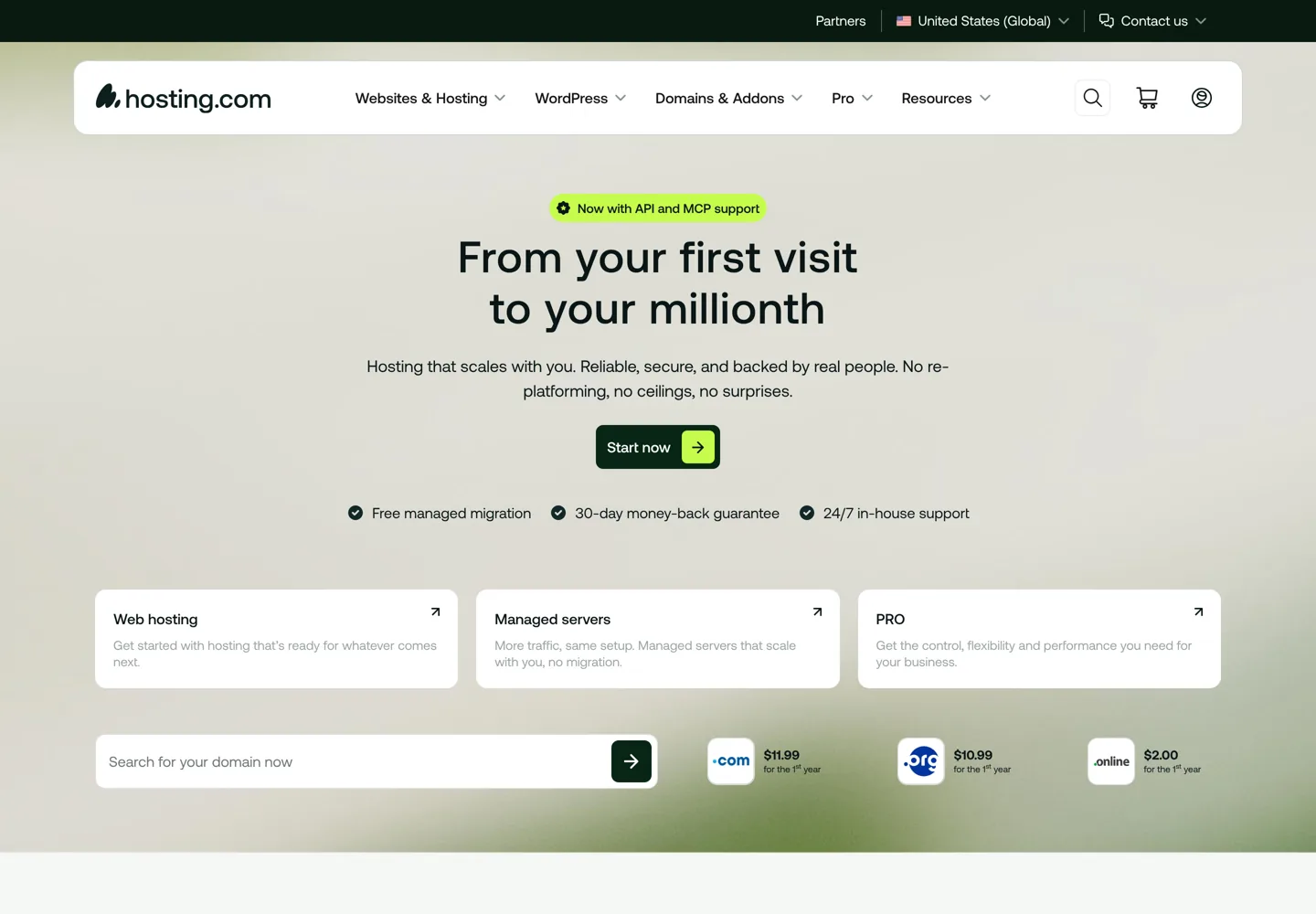 Screenshot of Hosting.com's home page.