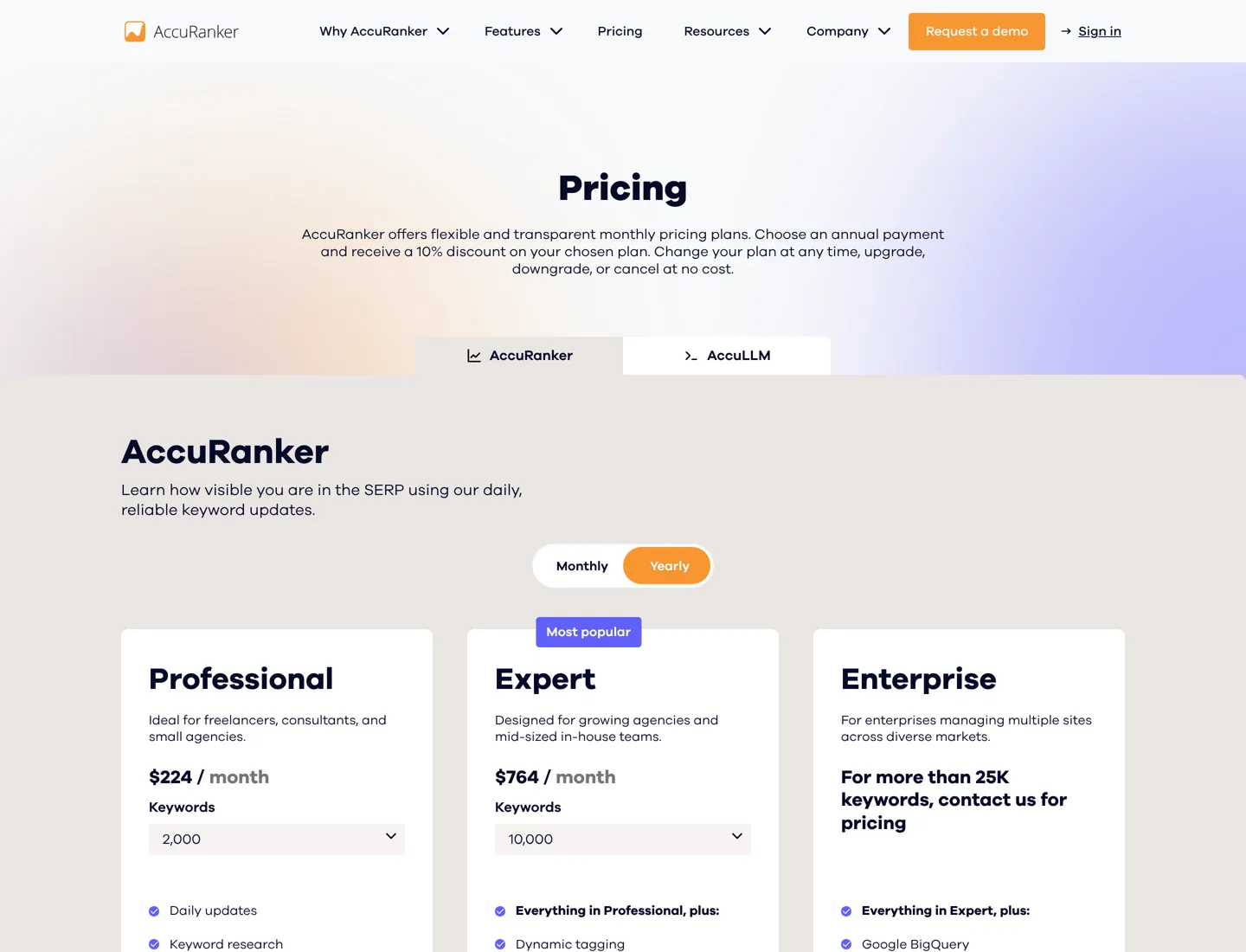 Screenshot of AccuRanker's pricing page showing the Professional, Expert and Enterprise plans.