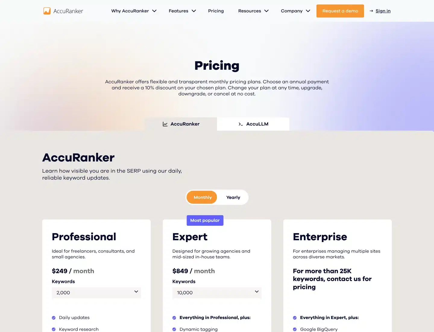 Screenshot of AccuRanker's pricing page with the Professional, Expert and Enterprise plans.