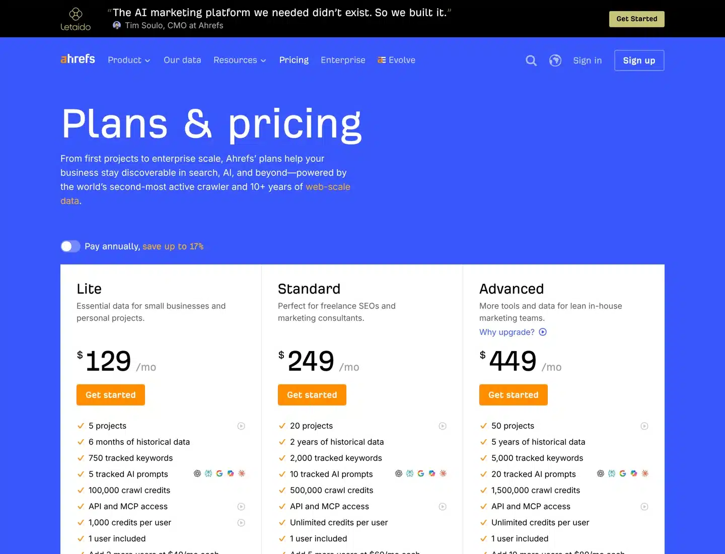 Screenshot of Ahrefs' pricing page with the Lite, Standard and Advanced plans.