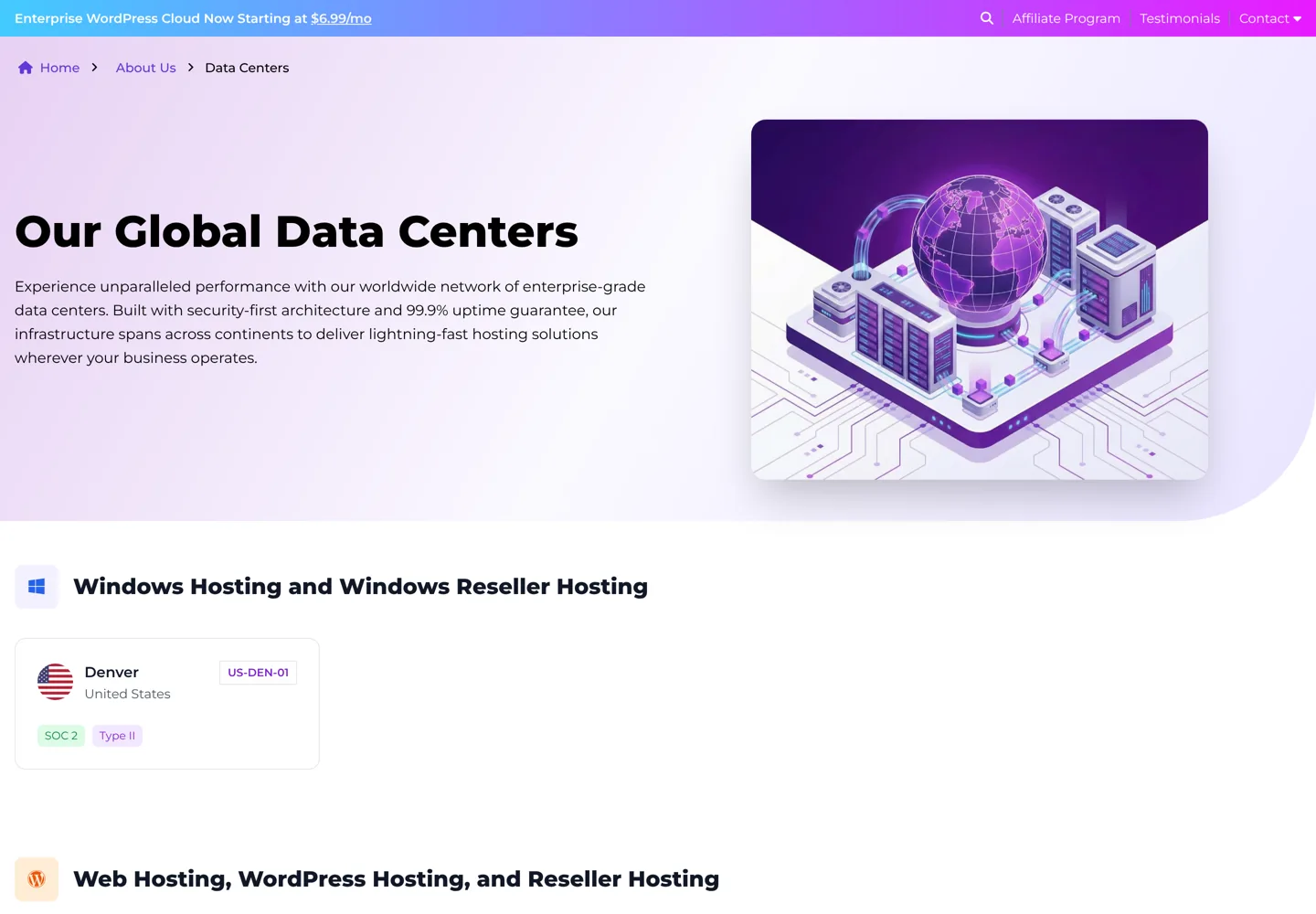 Screenshot of AccuWeb Hosting's data centres page.