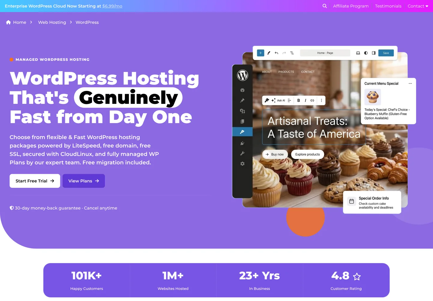 Screenshot of AccuWeb Hosting's WordPress hosting page.