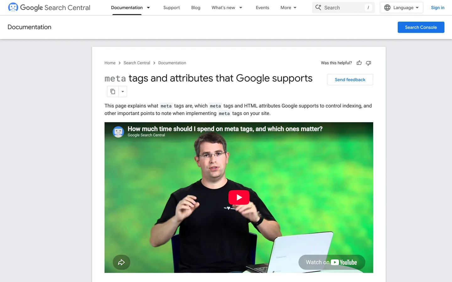 Screenshot of Google's page on the meta tags it supports.