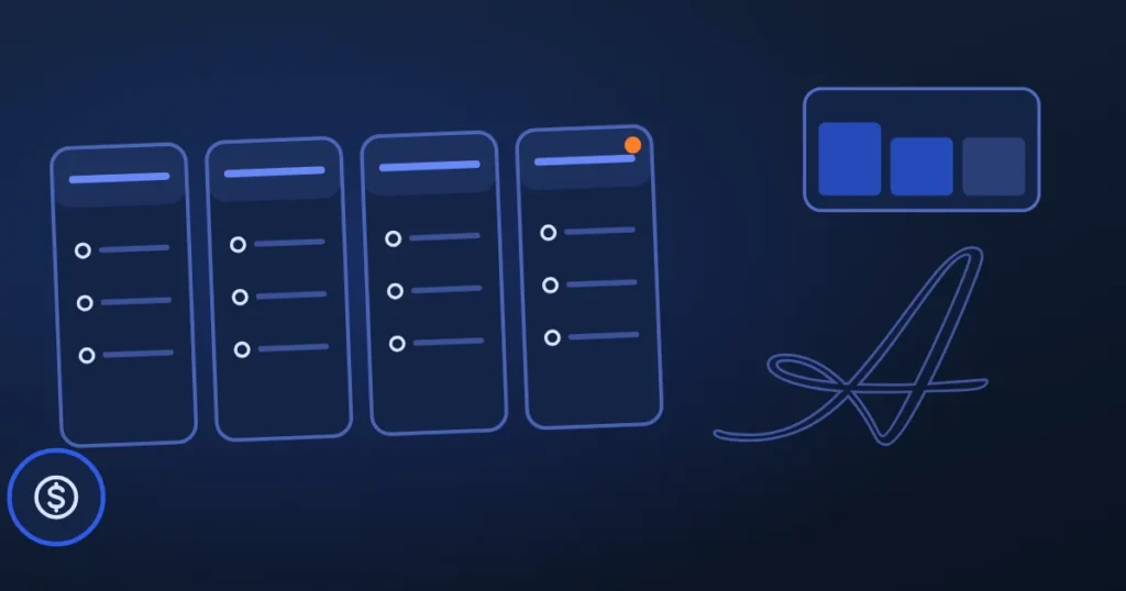 Line drawing of ad blocks on a page beside the site's A, in midnight and blue