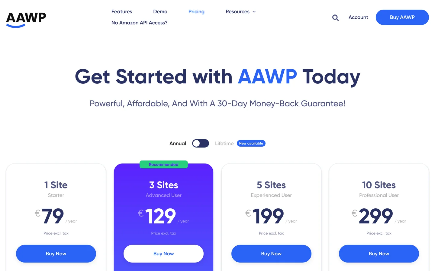 Screenshot of the AAWP pricing page.