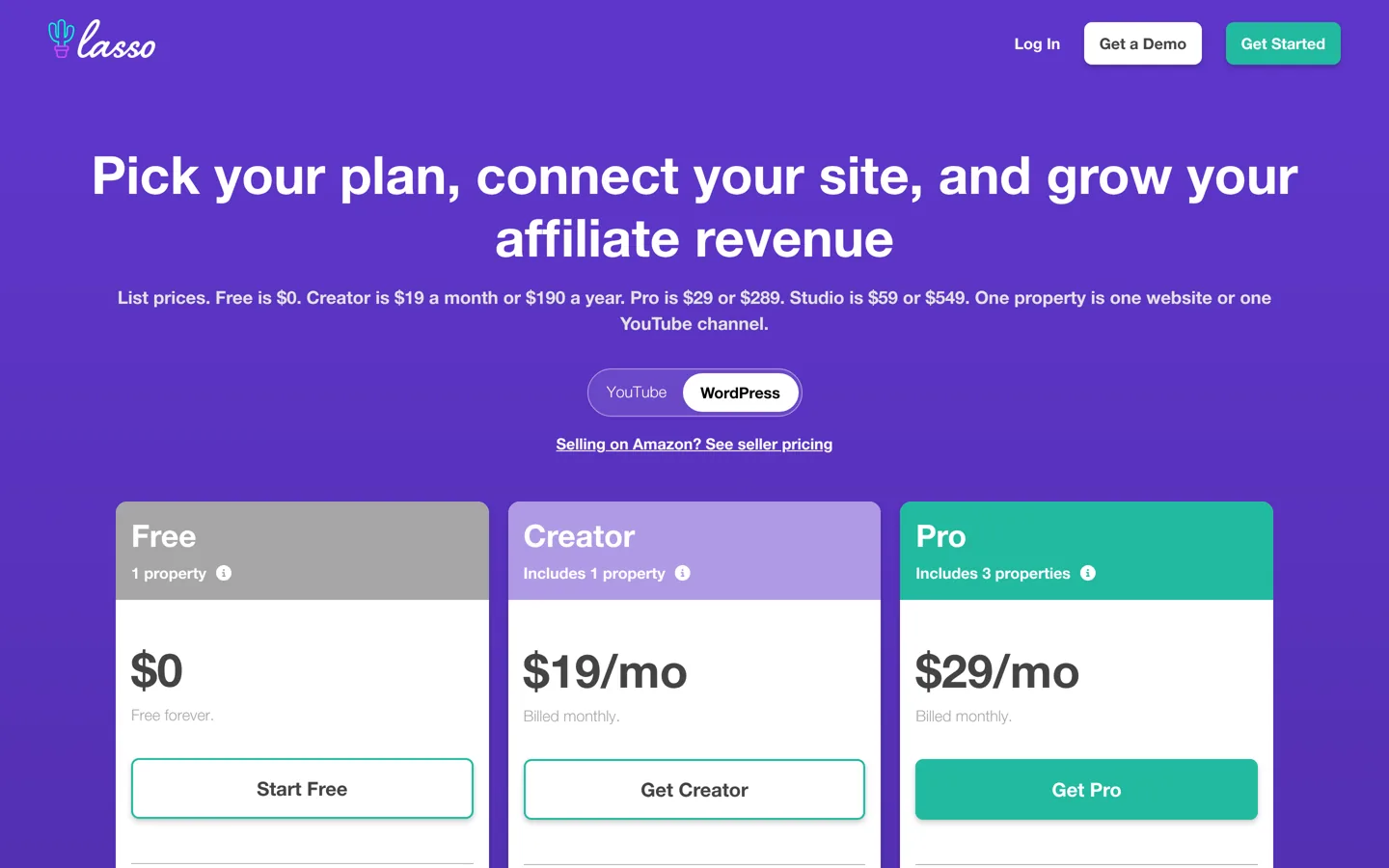 Screenshot of the Lasso pricing page.