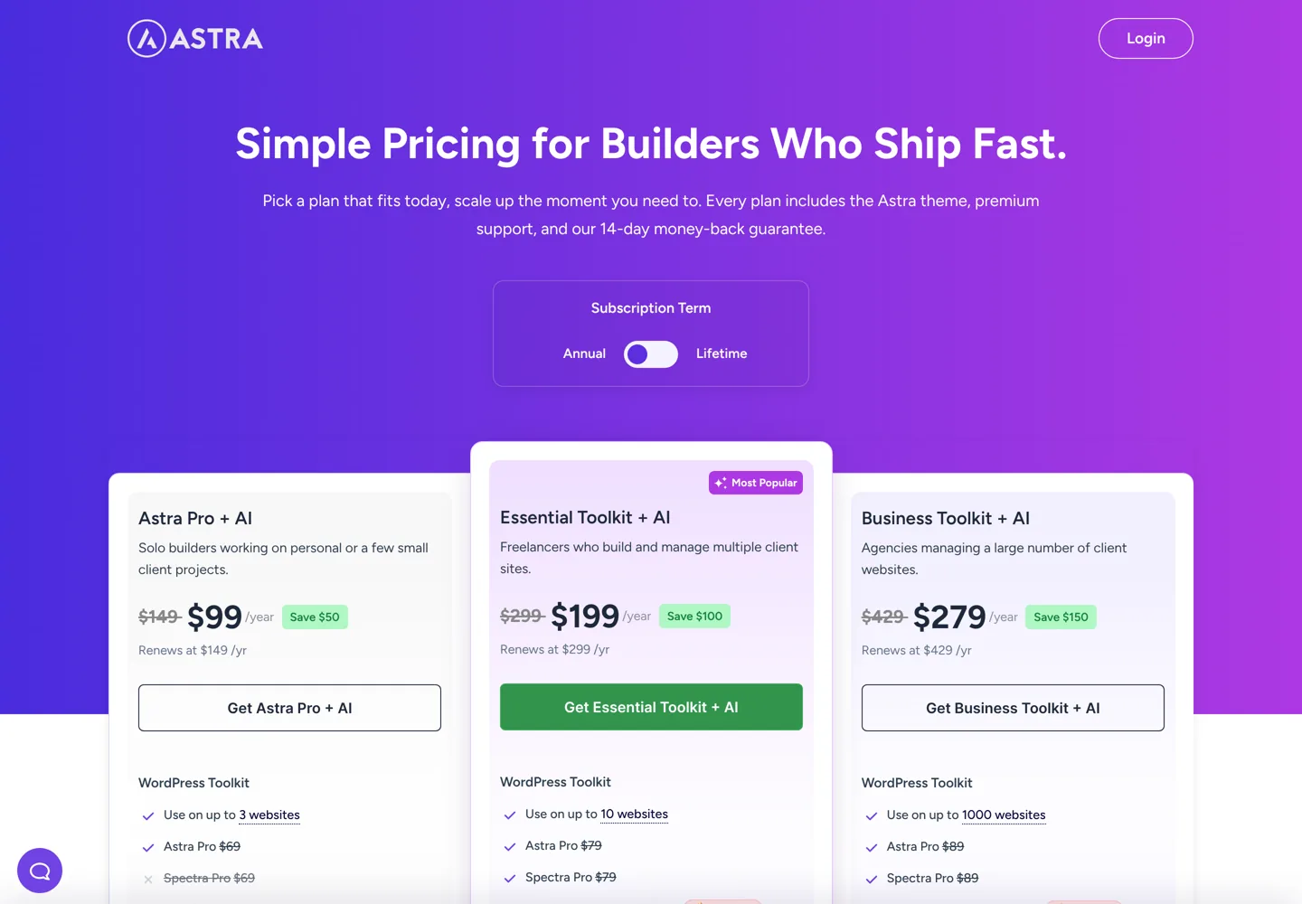 Screenshot of Astra's pricing page with Astra Pro + AI, Essential Toolkit + AI and Business Toolkit + AI.