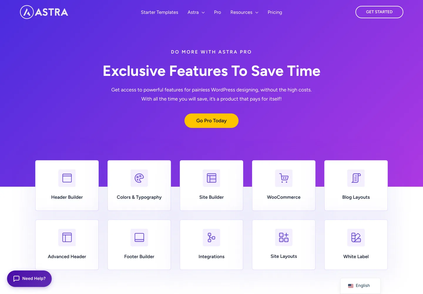 Screenshot of Astra Pro's features page.