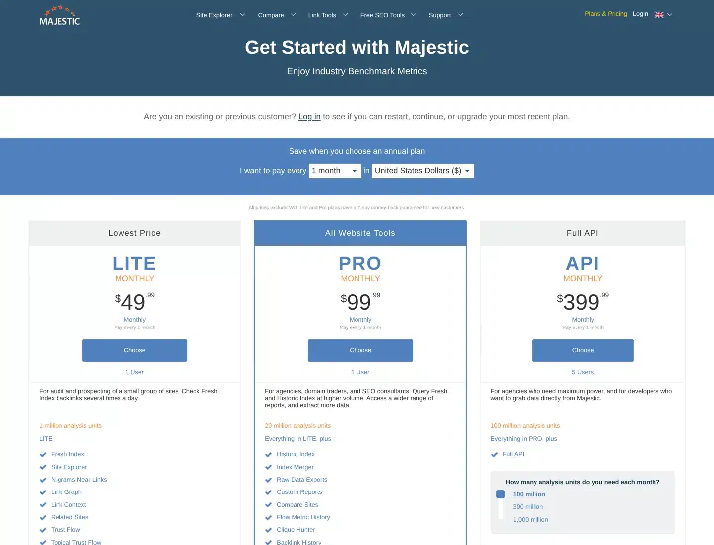 Screenshot of Majestic's plans page with the Lite, Pro and API plans.