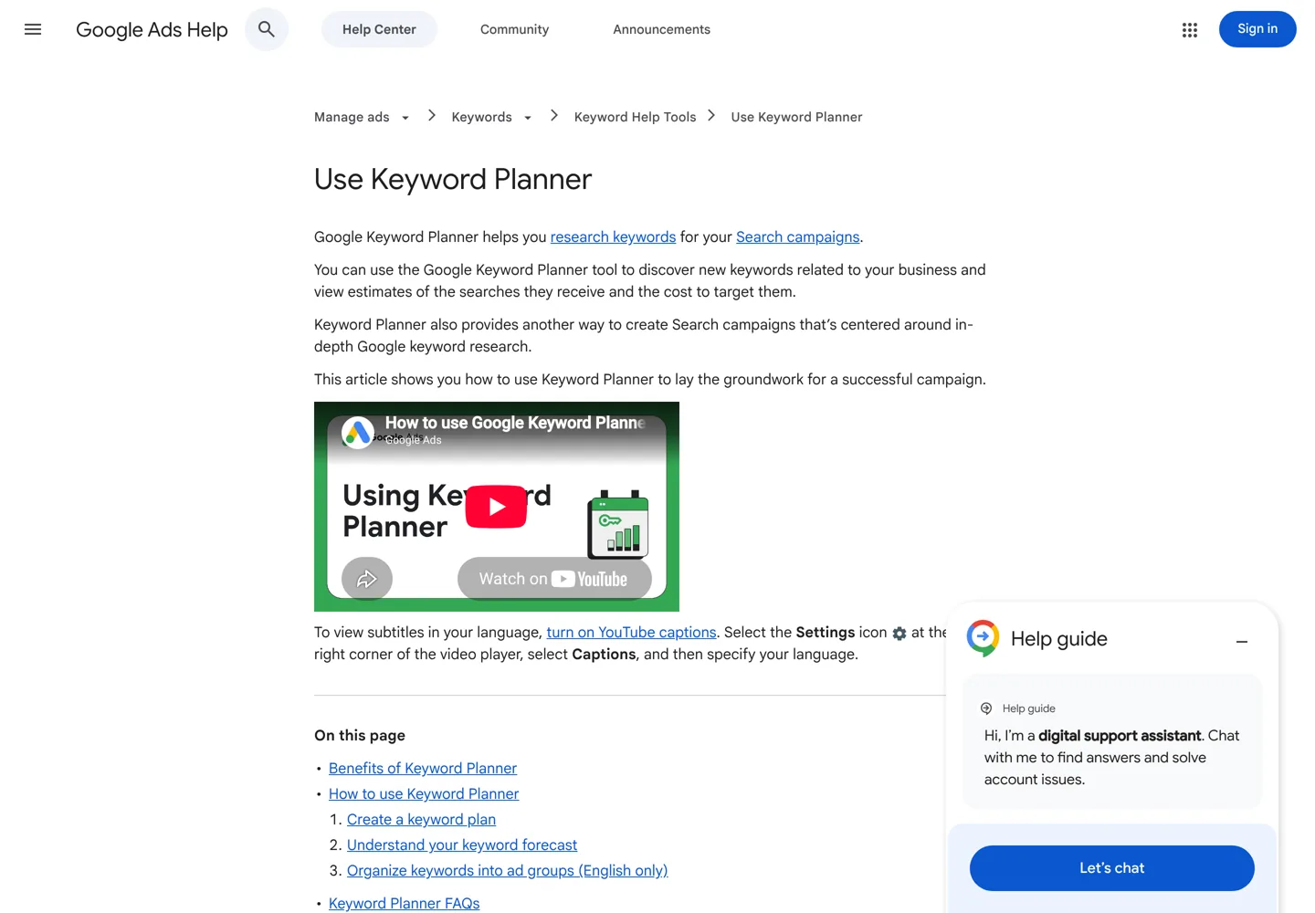 Screenshot of Google's Ads Help page 'Use Keyword Planner'.