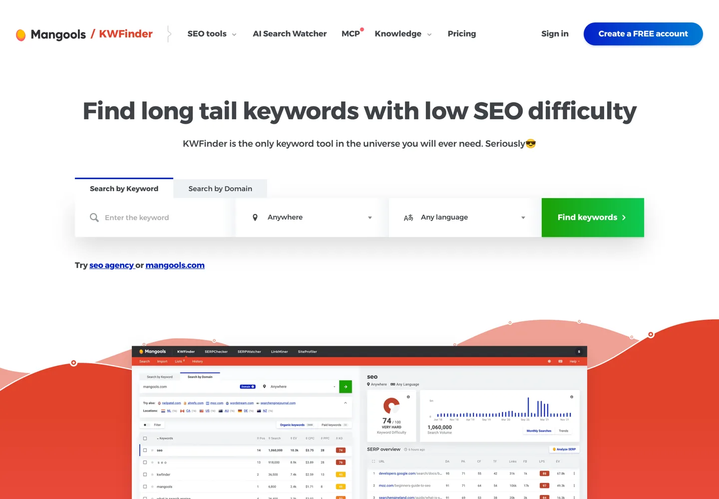 Screenshot of the KWFinder page from Mangools.