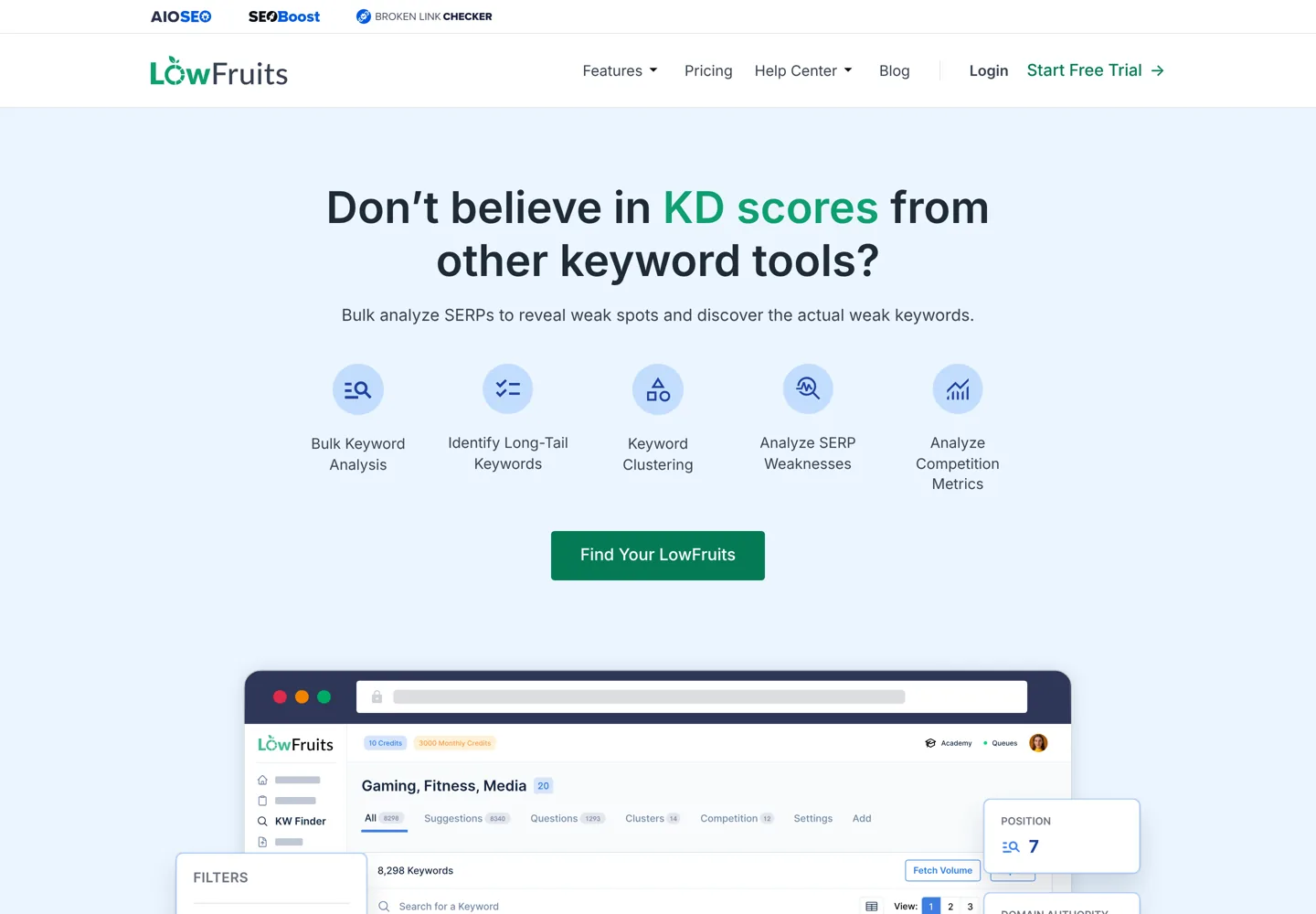 Screenshot of the LowFruits home page: bulk SERP analysis to find weak spots and long-tail keywords.