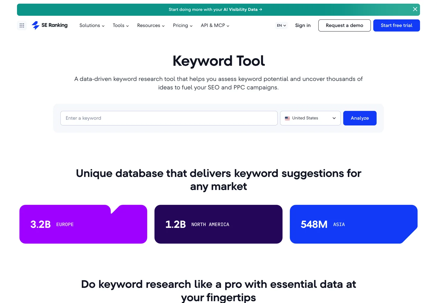 Screenshot of SE Ranking's keyword research tool page.