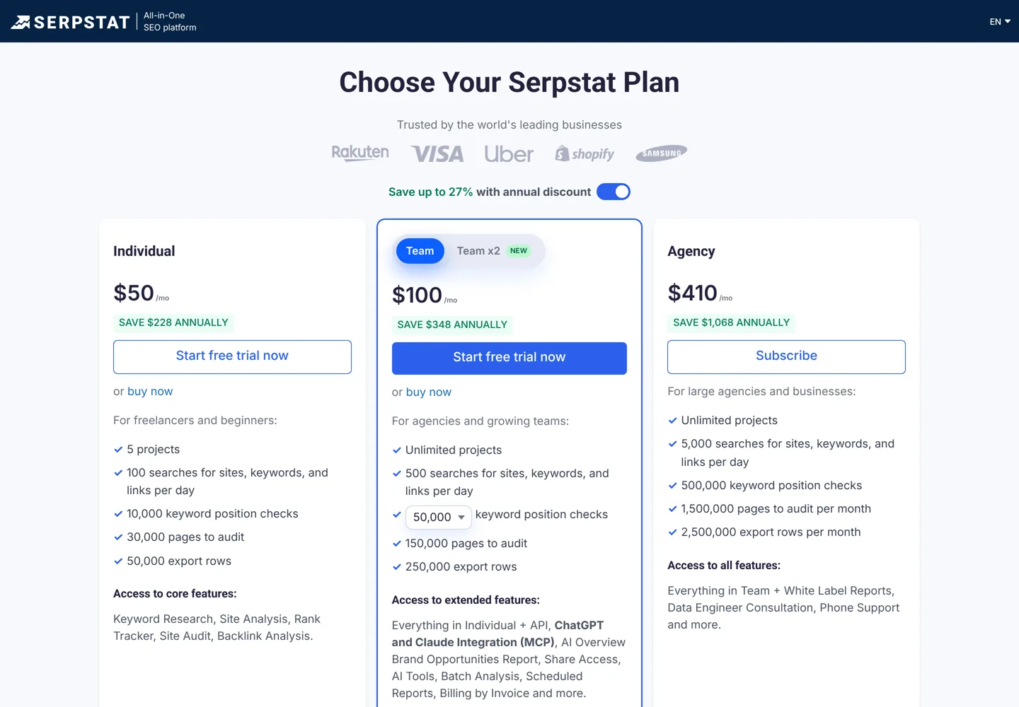 Screenshot of Serpstat's pricing plans with the annual discount on: Individual $50, Team $100 and Agency $410 a month billed yearly.