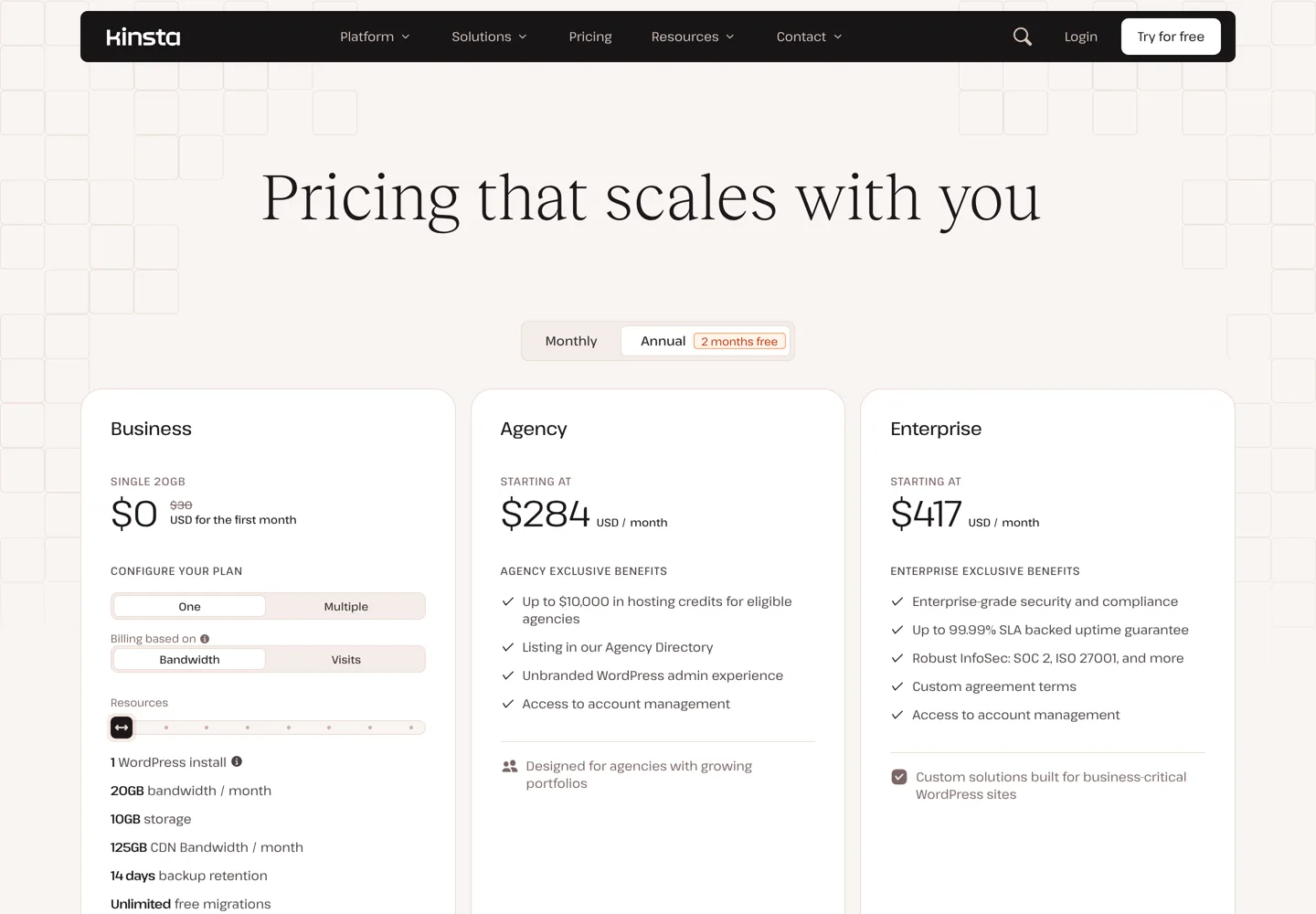 Screenshot of Kinsta's pricing page: Business single-site plan, Agency and Enterprise.