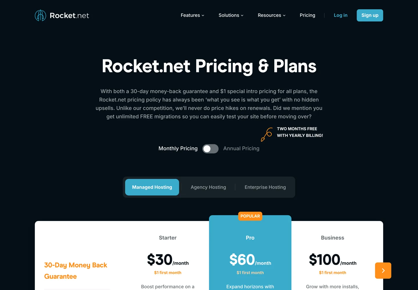 Screenshot of Rocket.net's pricing page with Starter, Pro, Business and Expert plans at $1 for the first month.