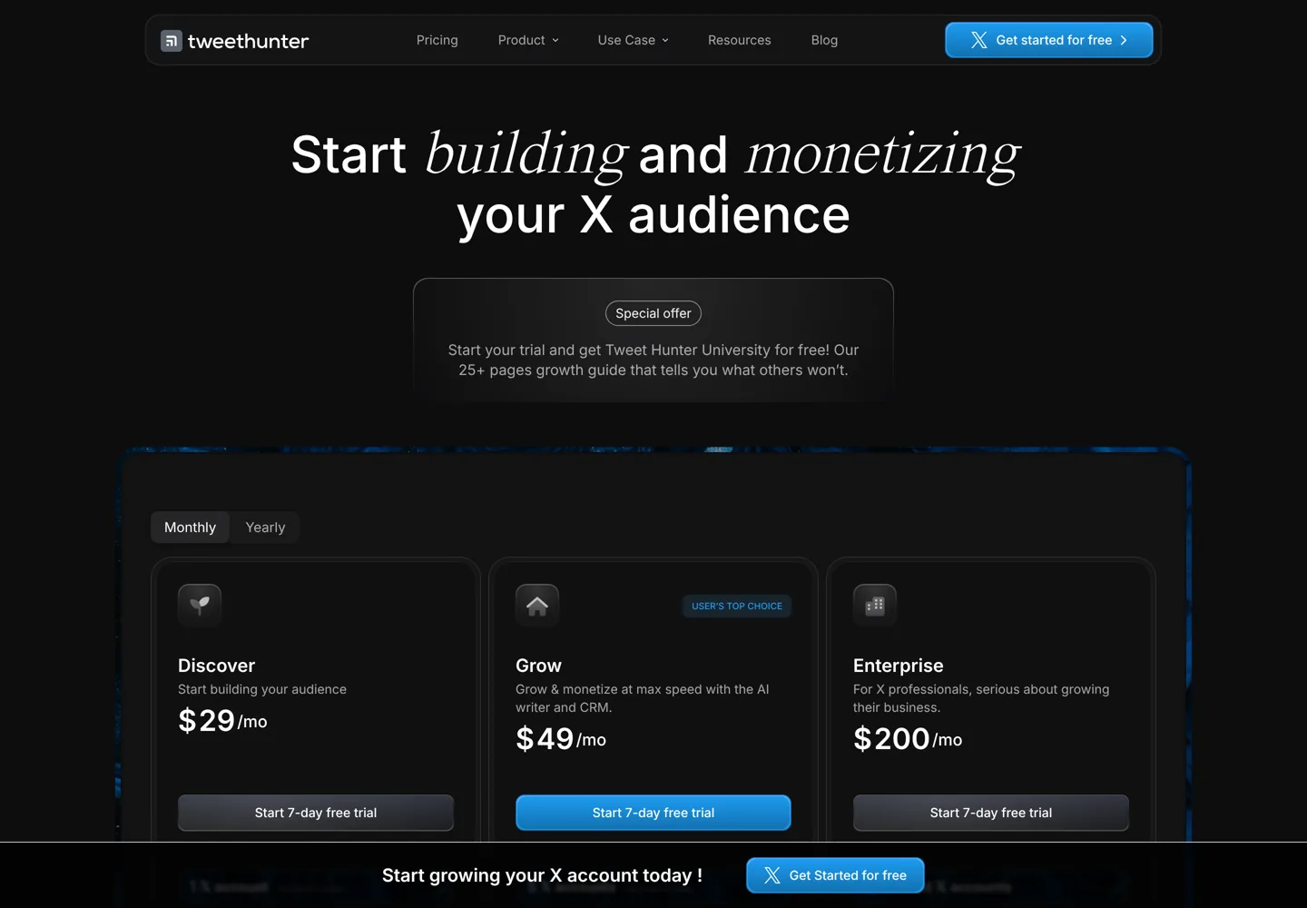 Screenshot of Tweet Hunter's pricing page with Discover, Grow and Enterprise plans.