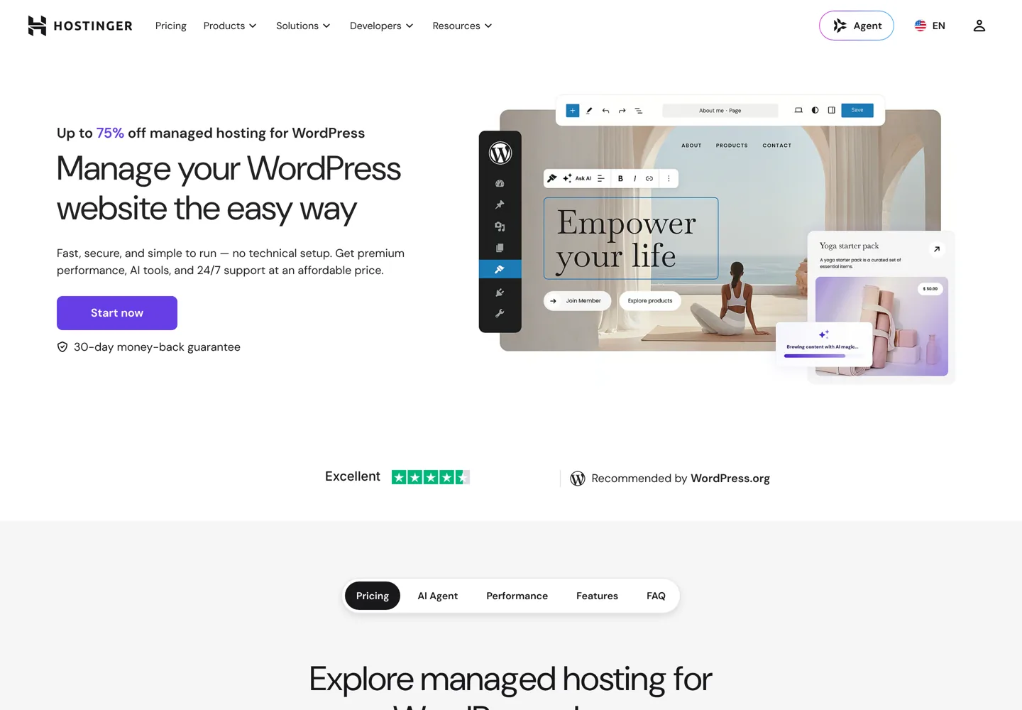 Screenshot of Hostinger's WordPress hosting page with a 'Recommended by WordPress.org' badge.