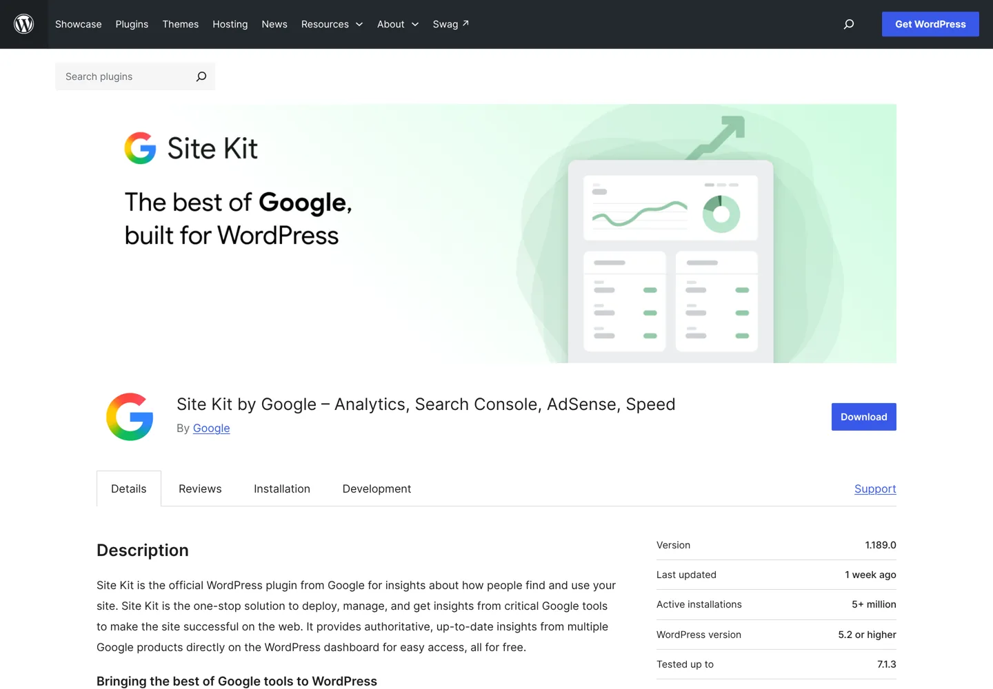 Screenshot of the Site Kit by Google plugin page on WordPress.org.