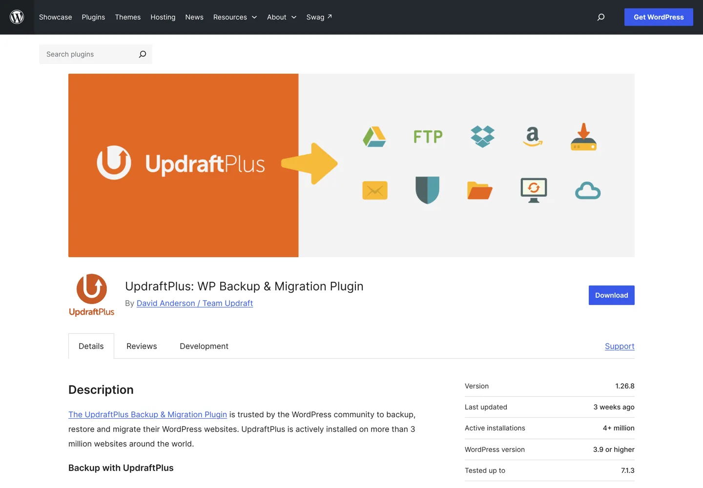 Screenshot of the UpdraftPlus backup plugin page on WordPress.org.