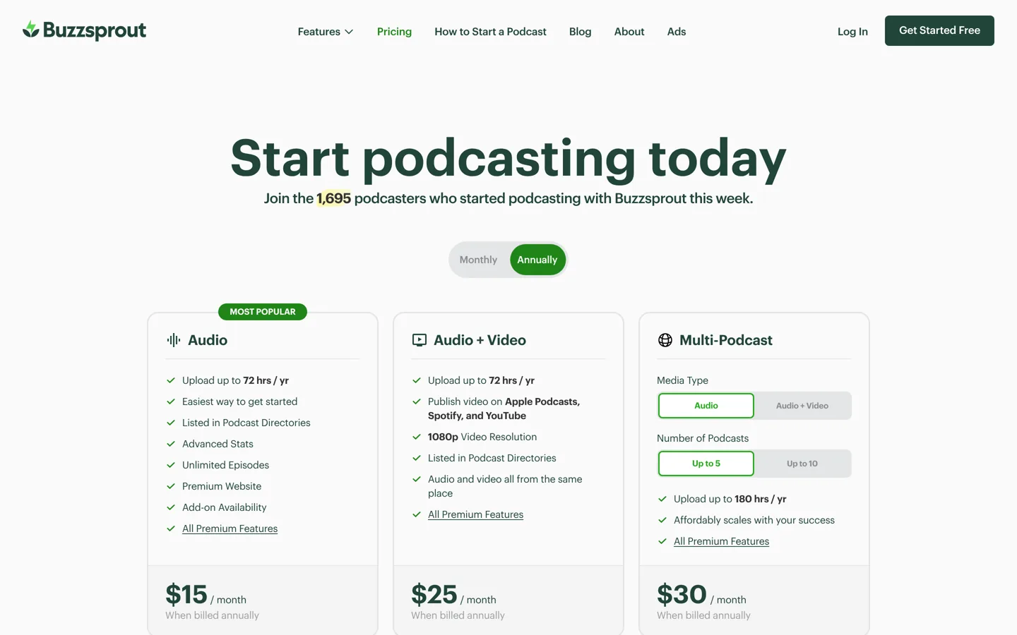 Screenshot of Buzzsprout's pricing page.