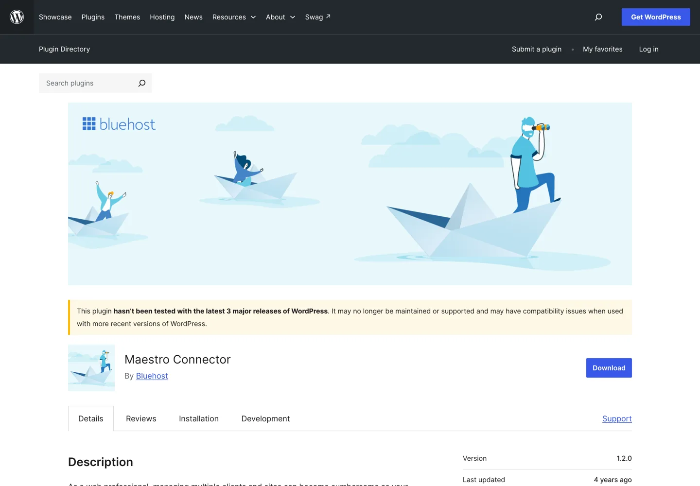 Screenshot of the Maestro Connector plugin page on WordPress.org.