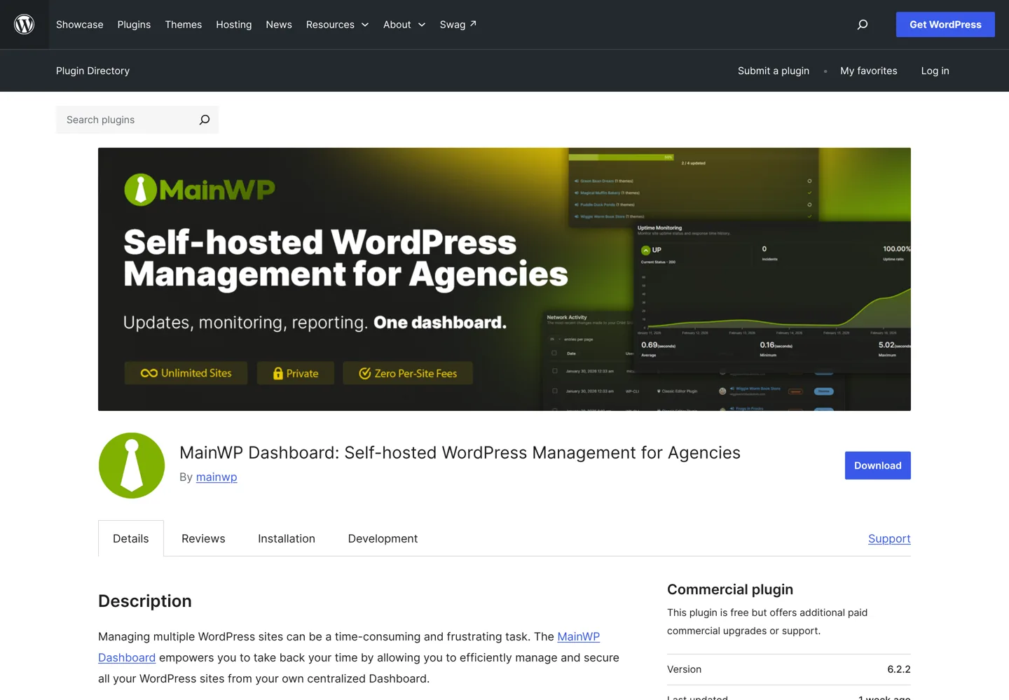 Screenshot of the MainWP Dashboard plugin page on WordPress.org.