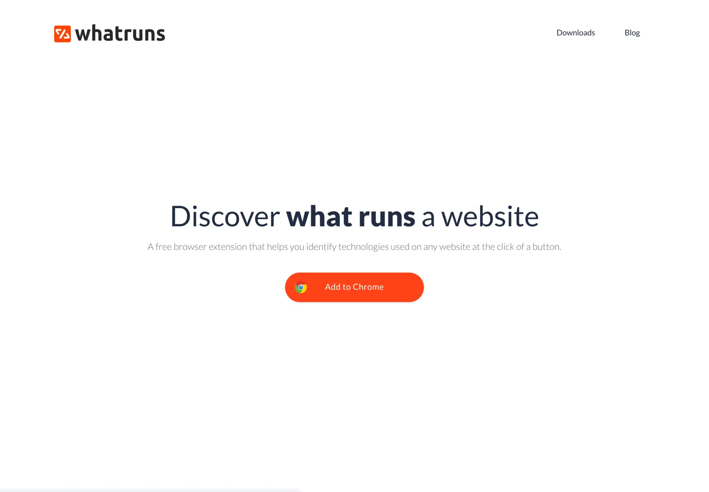 Screenshot of WhatRuns' home page: a free browser extension that identifies the technologies on any website.