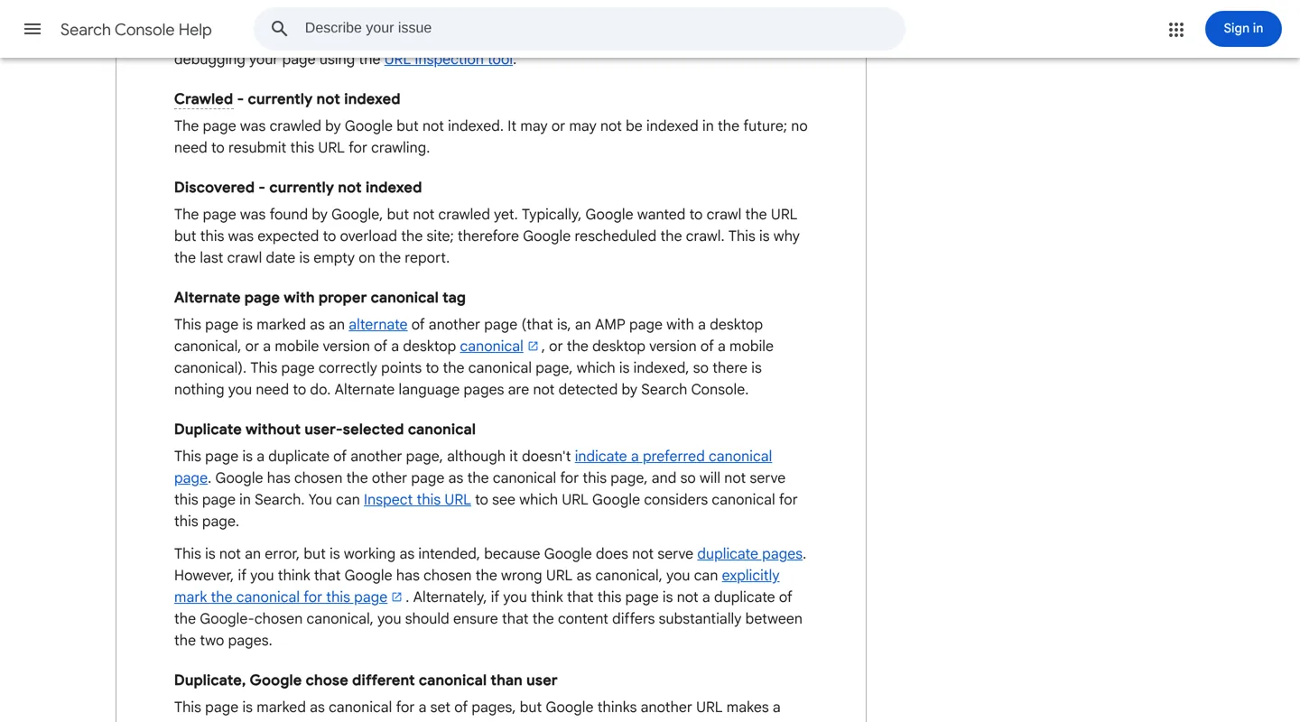 Screenshot of Google's Page indexing report help, showing the descriptions of Crawled - currently not indexed and Discovered - currently not indexed.